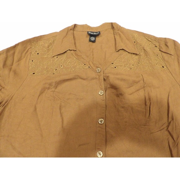 Maggie Barnes 3X 26/28 Shirt Blouse Top Linen Brown Button Up Casual Embroidered - Picture 4 of 11
